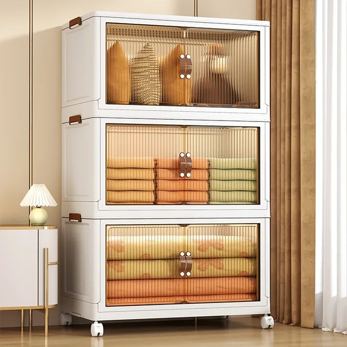 1/2 Layer Foldable Clothes Storage Cabinet For Bedroom, Plastic Free, Easy Installation, Organizes Snacks & Utensils, Portable Box For Books, Stackable Expandable Underbed Shelf