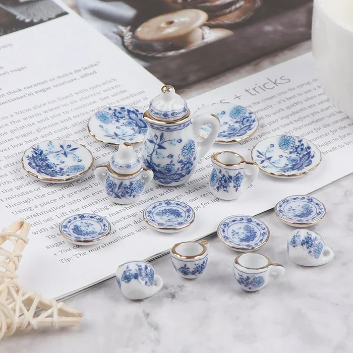 15Pcs/Set Vintage Miniature White Porcelain Tea Set Pot Cup Plate Tableware Dollhouse House Model Room Items Furniture Decor