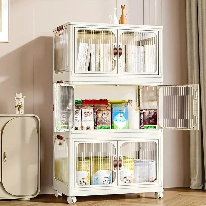 1pc 1/2/3-layer Plastic Foldable Storage Boxes With Wheels & Doors, Portable Boxes For Books, Snacks, Clothes, Toys, Stackable Underbed Shelf, Suitable For Closet, Wardrobe, Bedroom, Bathroom, Study, Living Room, Space Saving Household Organizer