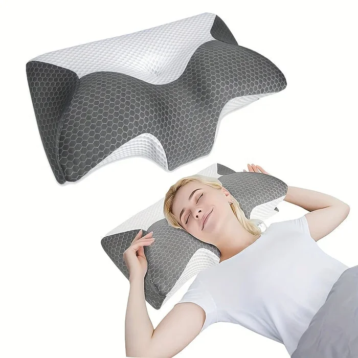 1pc 2 In 1 Contour Orthopedic Pillow For Neck Pain, Cervical Pillow, Ergonomic Memory Foam Pillow For Neck And Shoulder Pain Relief With Cooling Ice Silk Pillowcase, Orthopedic Neck Bed Pillow