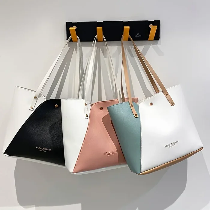 1pc Classic Letter Tote Bag, Contrast Color Handbag, Simple Fashion Double Shoulder Bag, Simple Colorblock Shopping Bag, Casaul Large Capacity Bag, Women’s Tote Bag