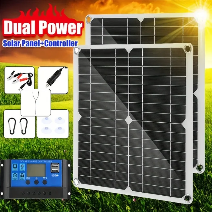 1pc DC 12V-18V Solar Panel Kit With 60A Controller USB 5V Solar Power Charger Battery For Power Bank Camping Car Boat RV Solar Plate Double Power