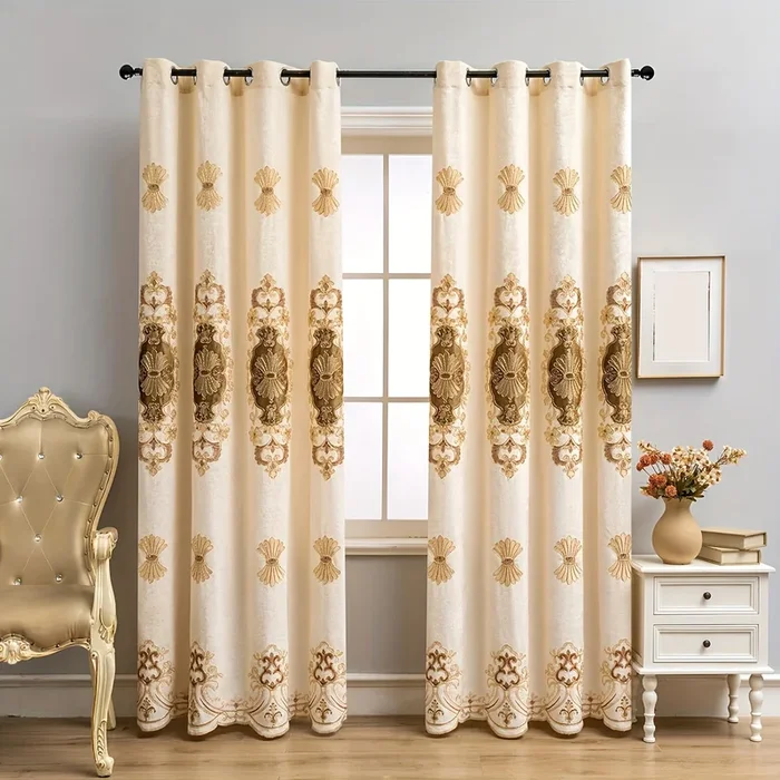 1pc European Style Rhombus Pattern Curtain, Chenille Bottom Embroidered Thick Curtain, Suitable For Living Room, Bedroom, Kitchen, Bathroom, Home Decor, Room Decor
