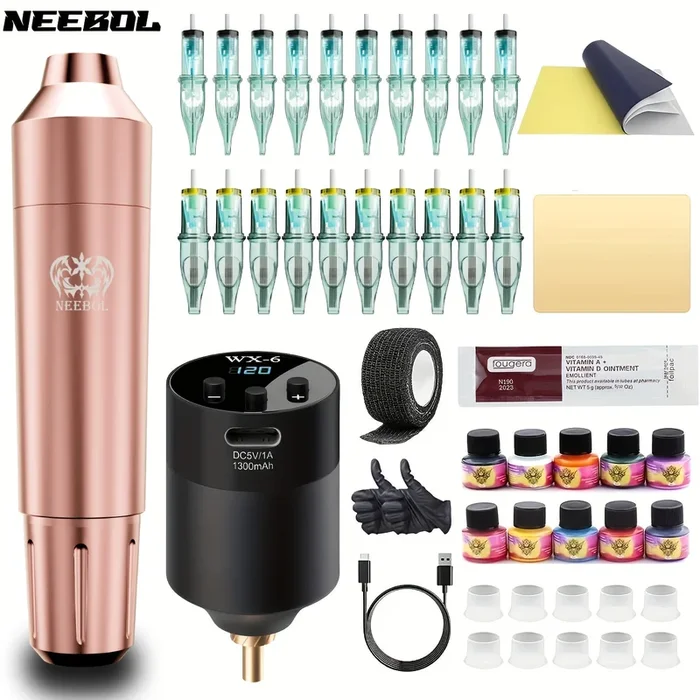 1set, Neebol Wireless Tattoo Kit, Second Generation Rotary Tattoo Machine Pen Supply Complete With 20Pcs Tattoo Cartridge Needles 10 Inks & 1 Tattoo Pen Battery Power, Cordless Tattoo Supplies For Professionals Tattoo Artists And Beginners