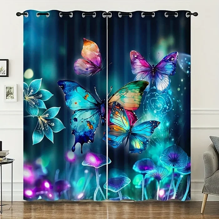 2pcs Blue Animal Butterfly Mushroom Polyester Curtain Fashion Printed Multi-Functional Curtains Suitable For Bedroom Kitchen Living Room Home Decor