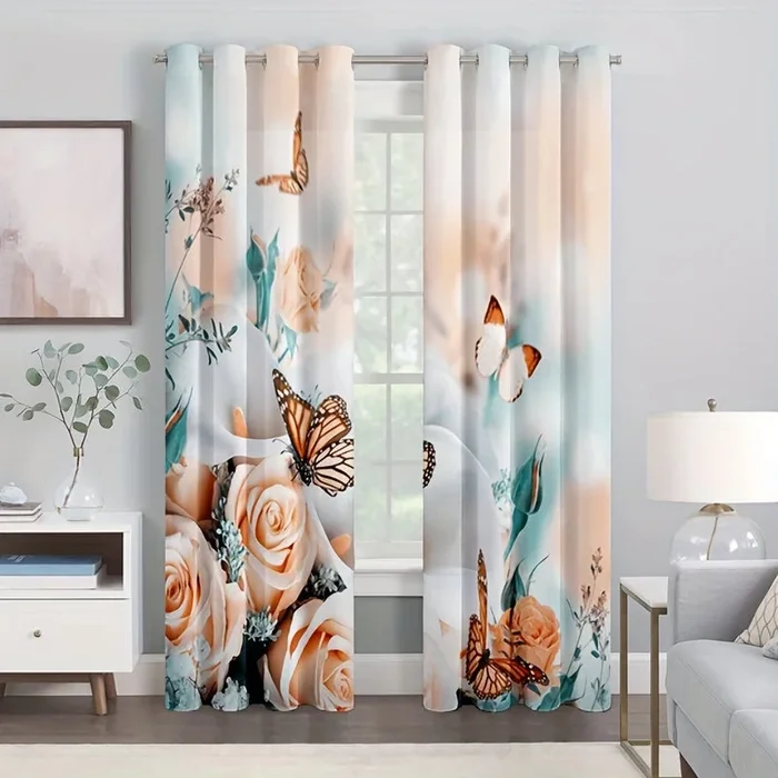 2pcs/set Butterfly Flower Pattern Curtains Thermal Noise Light Reducing Curtains For Bedroom Living Room Office Home Decor