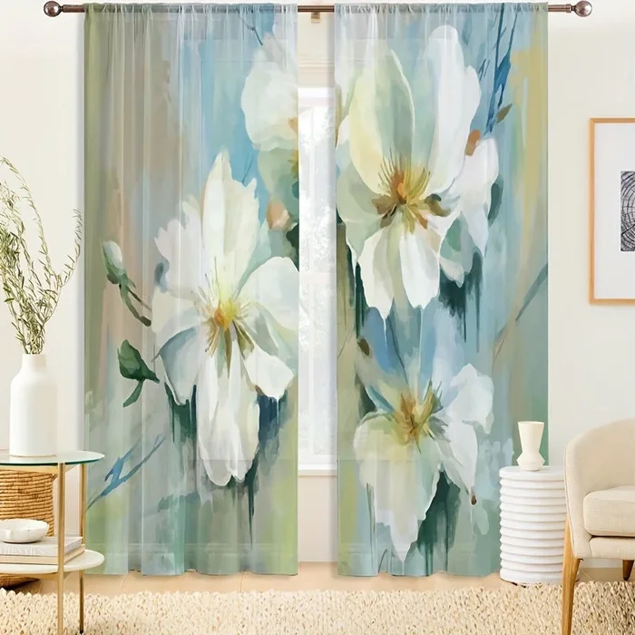 2pcs Stunning Blue and White Flower Printed Curtain for Elegant Home Decor in Bedroom, Office, Kitchen, and Living Room