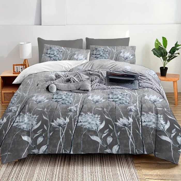 3pcs Luxury Elegant Duvet Cover Set, Grey Floral Print Cotton Bedding Set, Soft Comfortable Duvet Cover, For Bedroom, Guest Room (1*Duvet Cover + 2*Pillowcase, Without Core)