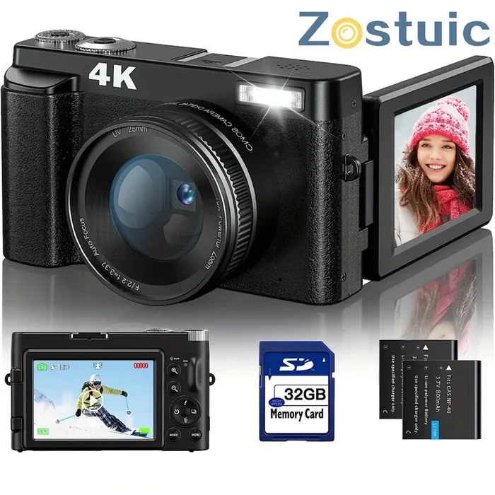 4K Digital Camera For Photography And Video Autofocus Anti-Shake, 48MP Vlogging Camera With SD Card, 3” 180° Flip Screen Compact Camera With Flash, 16X Digital Zoom