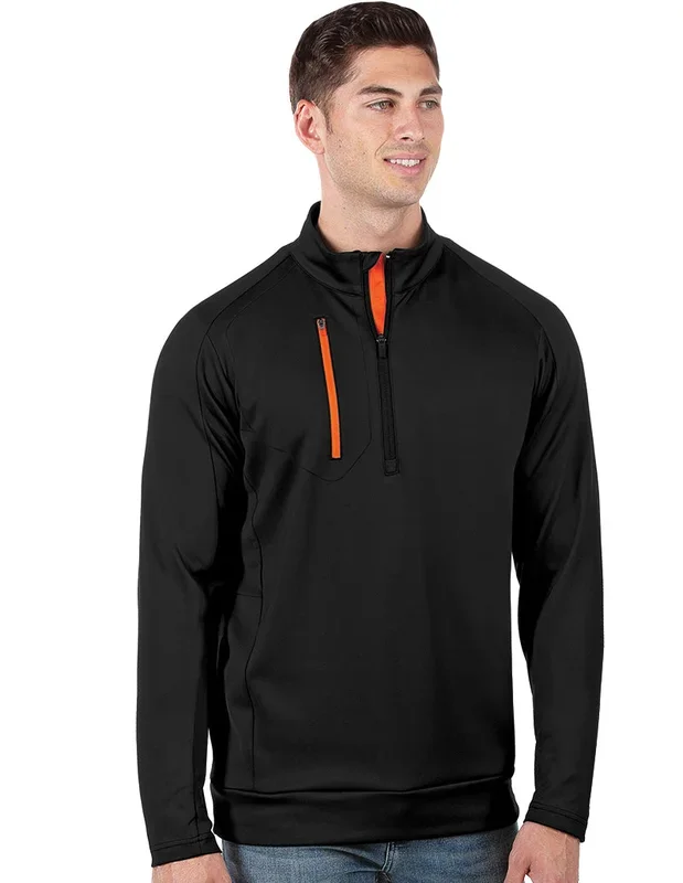 Antigua: Men’s Generation 104366 1/2 Zip Long Sleeve Pullover – 673 Black/Mango