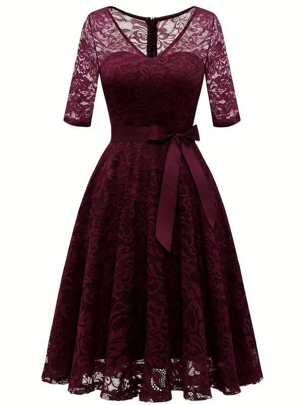 Bow Front Lace Bridesmaid Dress, Elegant V-neck Dress For Wedding Party, Women’s Clothing
