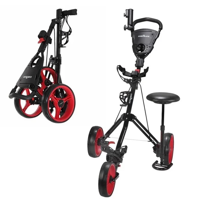 Caddymatic Golf X-TREME 3 Wheel Push/Pull Golf Cart with Seat Black/Red