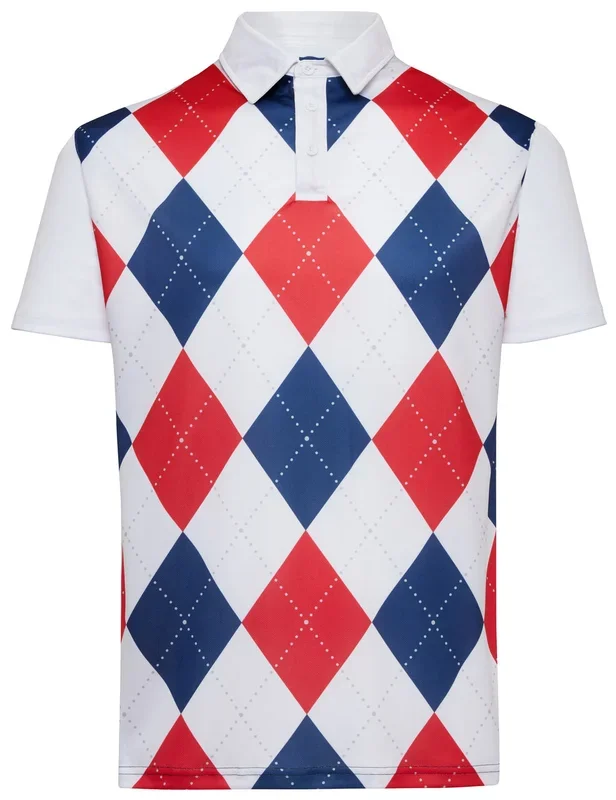 Classic Argyle Mens Golf Polo Shirt – Red, White & Blue by ReadyGOLF