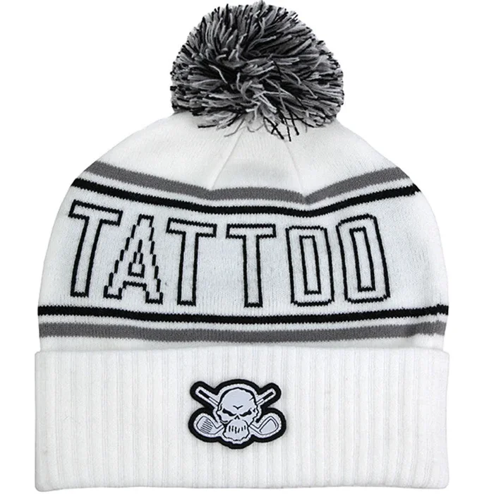 Cuffed Pom Beanie Hat With Skull | White