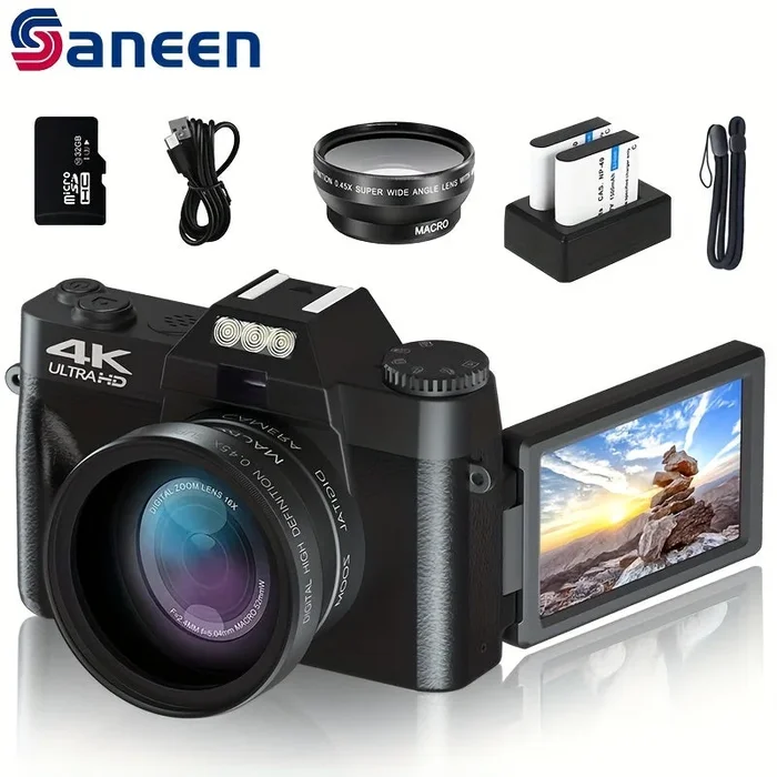 Digital Camera Photography, 4K 48MP Vlogging Camera, Support 16X Digital Zoom And Auto Focus, 3 Inch 180° Flip Screen, Comes With 2 Batteries And 32G Mirco SD Card And 52mm Wide Angle And Macro Lens