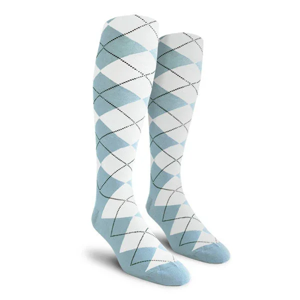 Golf Knickers: Ladies Over-The-Calf Argyle Socks – Light Blue/White