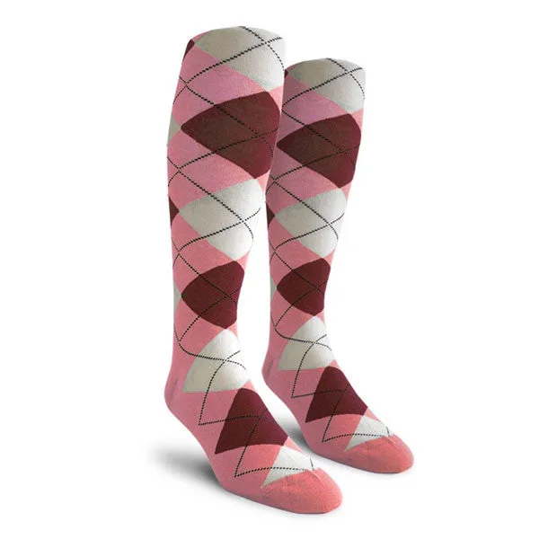 Golf Knickers: Ladies Over-The-Calf Argyle Socks – Pink/Maroon/White