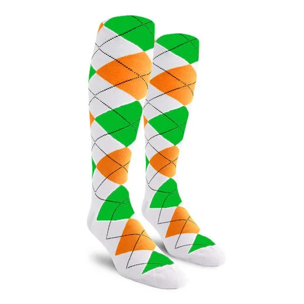 Golf Knickers: Ladies Over-The-Calf Argyle Socks – White/Orange/Lime