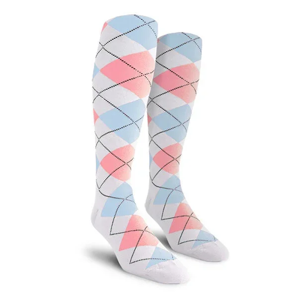 Golf Knickers: Ladies Over-The-Calf Argyle Socks – White/Pink/Light Blue