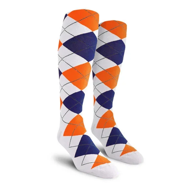 Golf Knickers: Ladies Over-The-Calf Argyle Socks – White/Royal/Orange