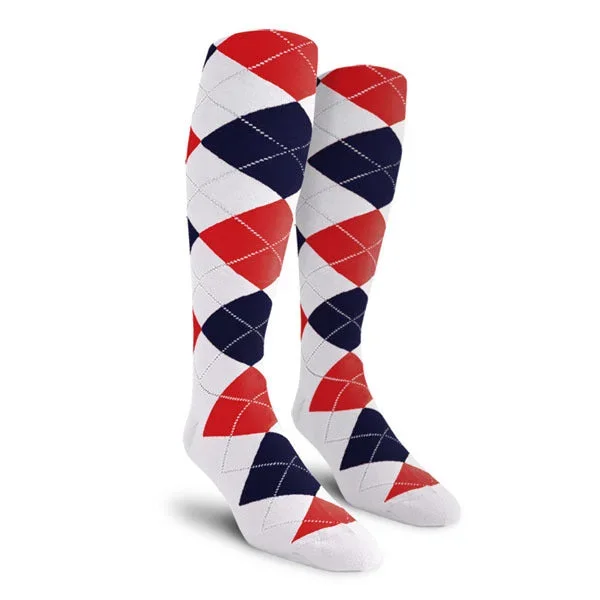 Golf Knickers: Men’s Over-The-Calf Argyle Socks – White/Navy/Red
