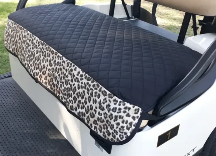 GolfChic Covers: Golf Cart Seat Cover – Black Quilt with Brown Leopard Trim & Black Binding