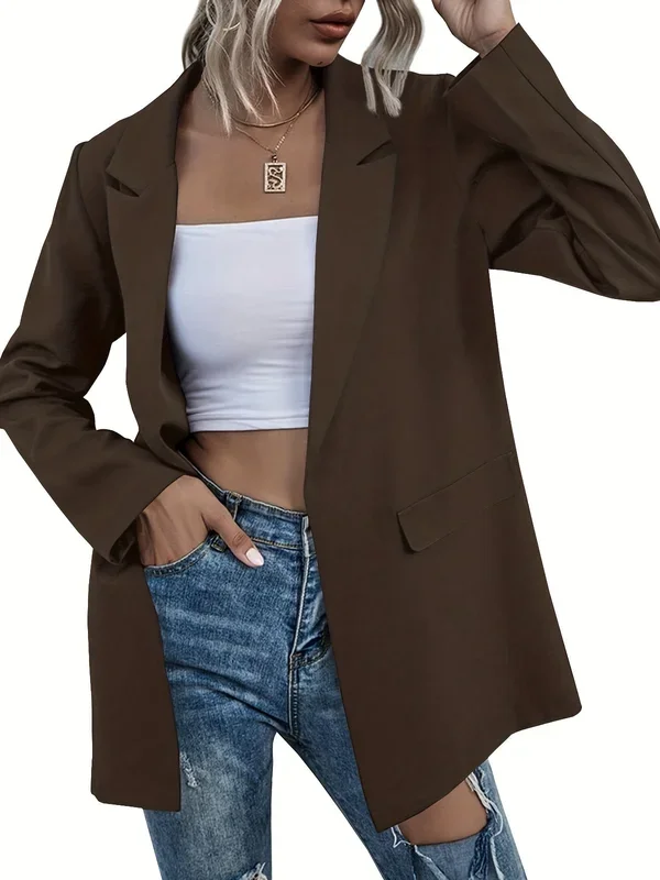 Lapel Neck Open Front Blazer, Elegant Long Sleeve Blazer For Office & Work, Women’s Clothing