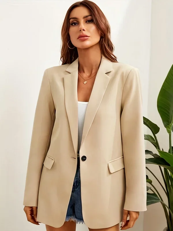 Lapel One Button Blazer, Elegant Solid Long Sleeve Work Office Outerwear, Women’s Clothing
