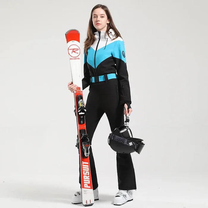Lesmart Women’s Retro Belted Color-Blocked Flare Ski Suit