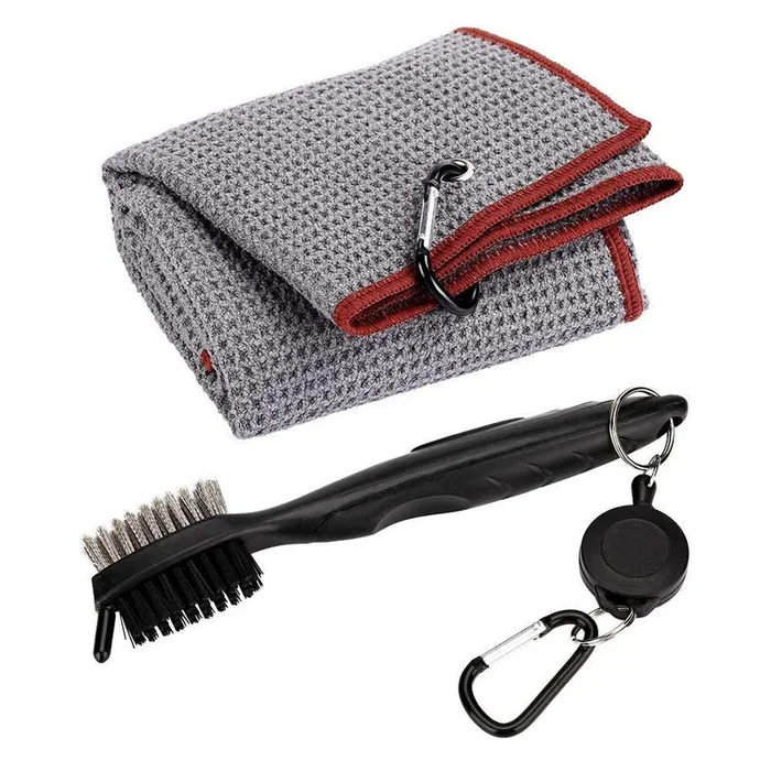 Microfiber Waffle Pattern Tri-fold Golf Towel with Brush Tool Kit