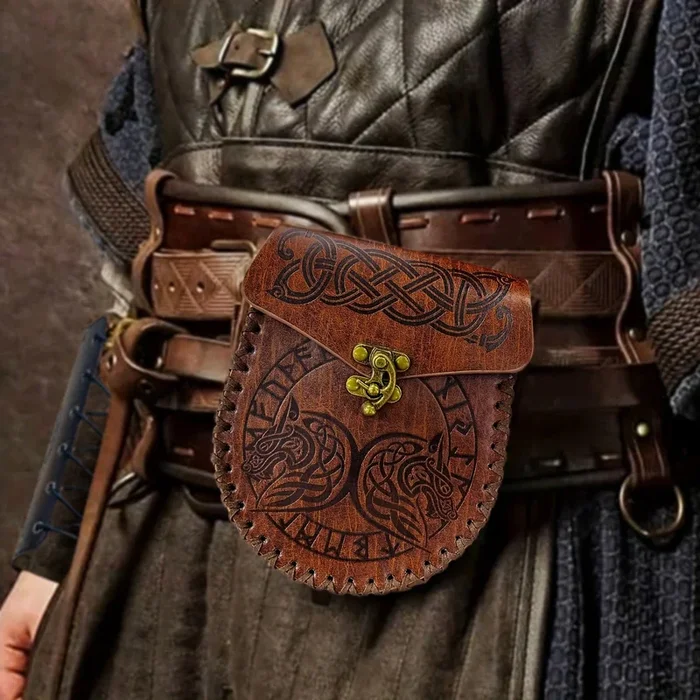 Nordic Embossed Belt Bag, Retro Medieval Faux Leather Side Pack, Vintage Portable Belt Pouch For LARP Ren Faire