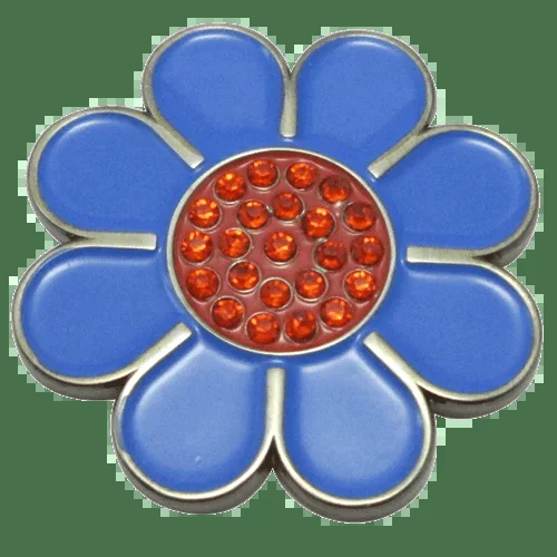 ReadyGolf: Hippie Flower Ball Marker & Hat Clip with Crystals – Blue with Red