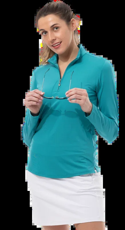 SanSoleil: Ladies UPF 50 SunGlow Long Sleeve Zip Aqua Mock – 900434 (Size Medium) SALE