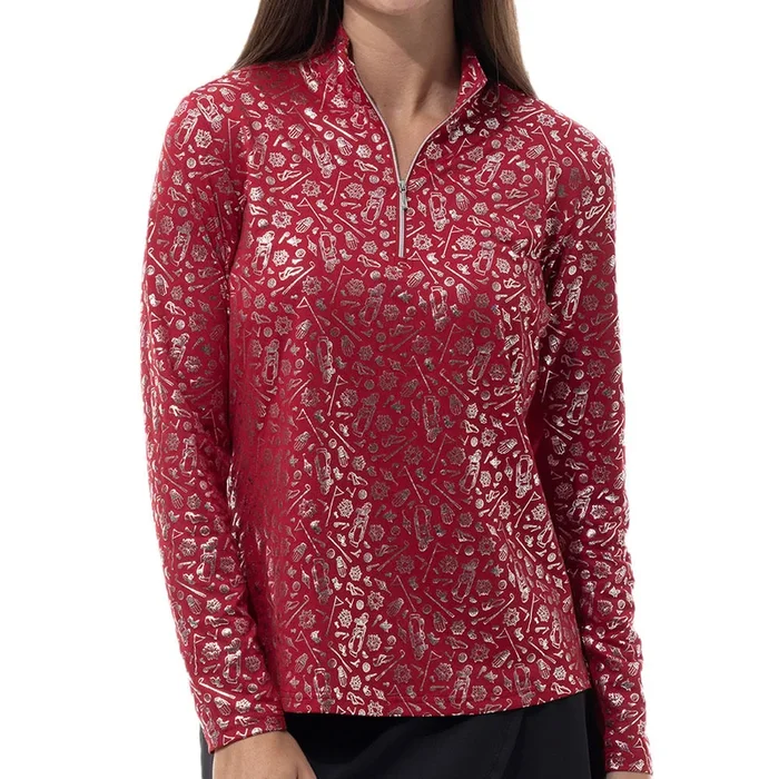 SanSoleil Women’s Solshine Foil Print 1u002F4-Zip Mock Long Sleeve Top