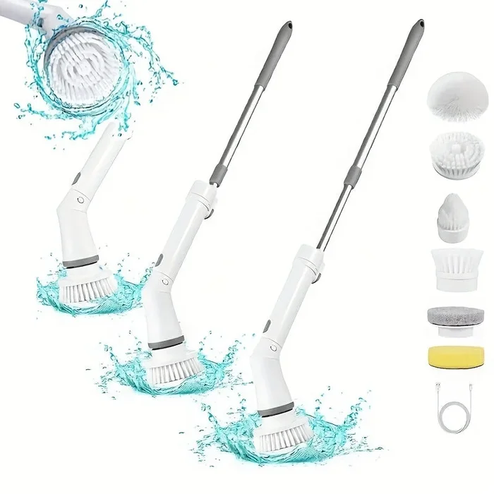 Set, Electric Rotary Scrubber Cleaning Brush, Long Handle Shower Scrubber, Bathtub Tile Scrubber With 6 Replaceable Brush Heads, 90-120 Minute Running Time Full Floor Bathroom Scrubber, 240/320RPM Cordless Power Scrubber, USB-C Charging Line Rotary