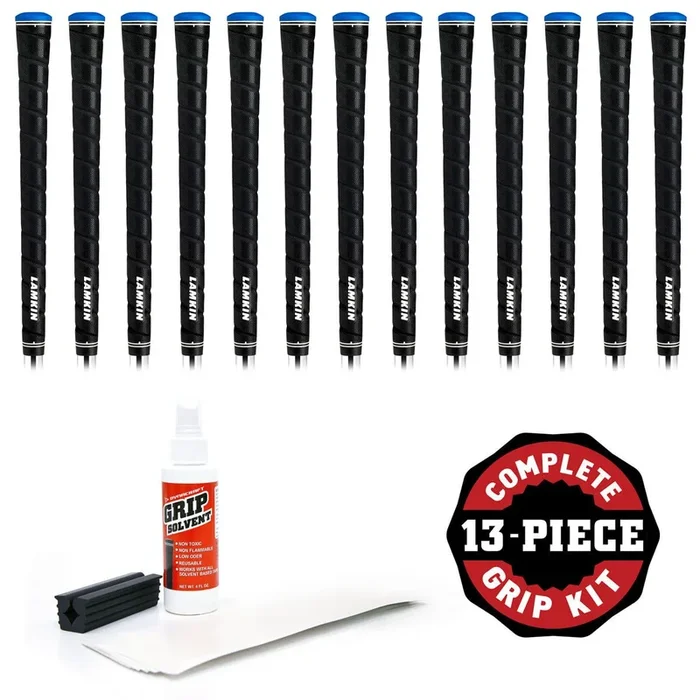 Set of 13 Lamkin Sonar+ Wrap Black Standard Size Golf Grip Kit with Tape, Solvent, Vise Clamp