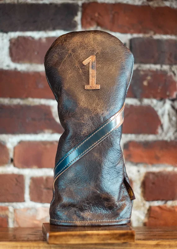 Single Barrel collection leather golf Headcover in Cigar / Blue Marbled Shell Cordovan
