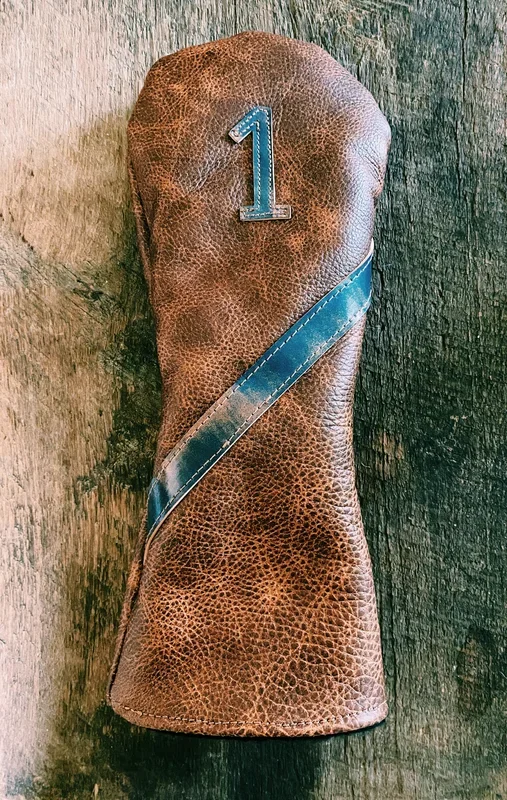 Single Barrel collection leather golf Headcover in Saddle Tan / Blue Marbled Shell Cordovan