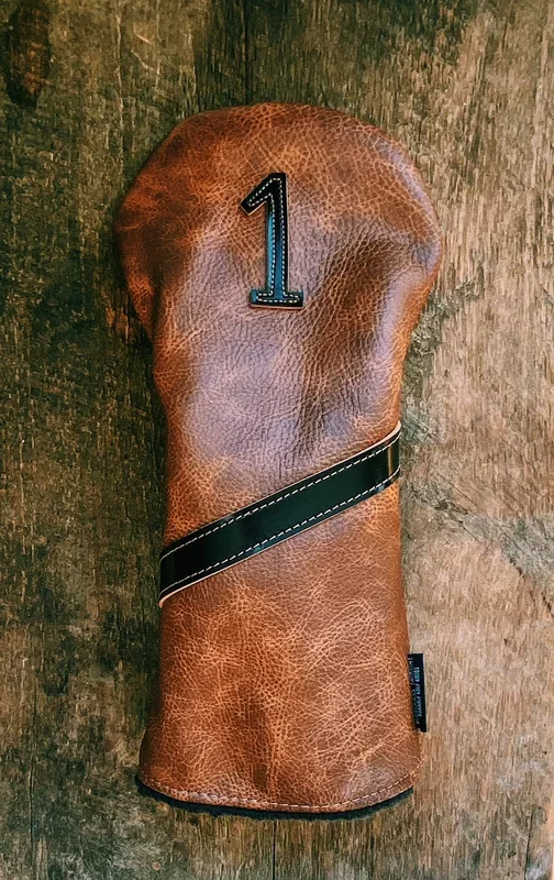 Single Barrel collection leather golf Headcover in Saddle Tan / Shell Cordovan Black