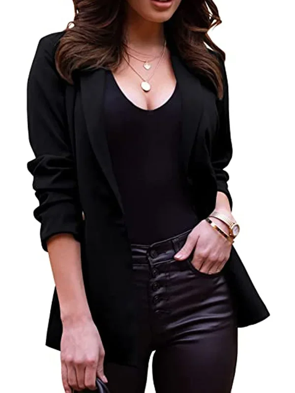 Solid Lapel Blazer, Casual Open Front Long Sleeve Work Office Outerwear, Women’s Clothing