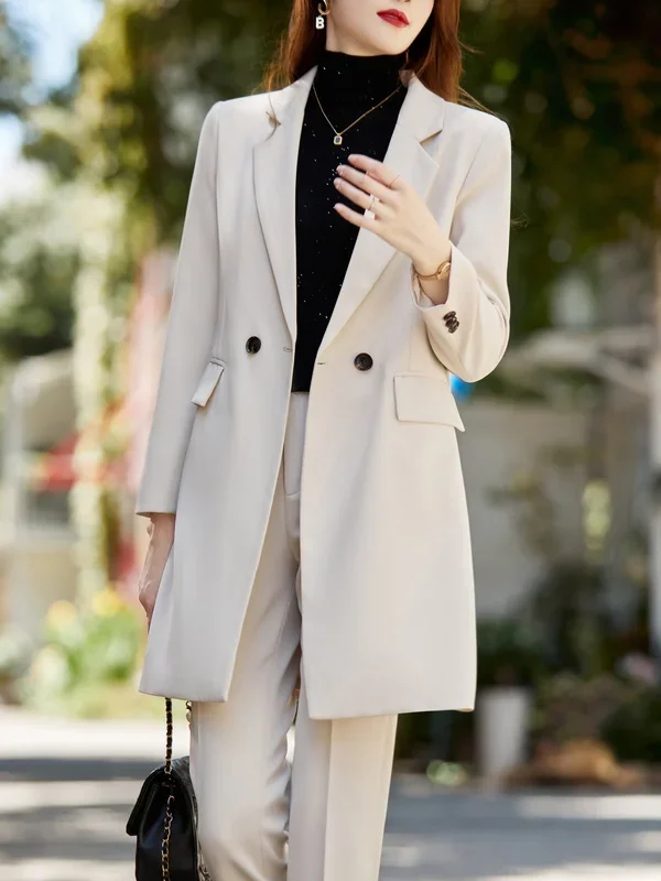 Solid Notched Collar Blazer, Elegant Dual Pockets Long Sleeve Blazer For Office & Work, Women’s Clothing