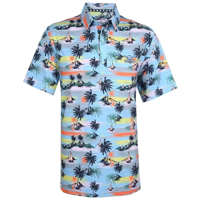 Tattoo Golf: Men’s Aloha Cool-Stretch Golf Shirt – Vintage Hawaiian (Blue)