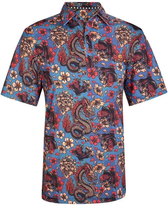 Tattoo Golf: Men’s Dragon vs Koi Cool-Stretch Golf Shirt – Multicolor