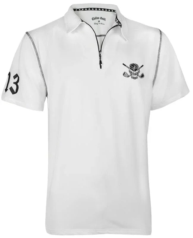 Tattoo Golf: Men’s Hybrid Zipper Cool-Stretch Golf Shirt – Lucky 13 (White)