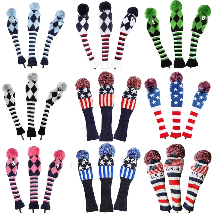 Vintage Vibe Golf Club Headcovers Set – 3pcs Knitted Pom Pom Sock Covers for Drivers and Fairway Woods