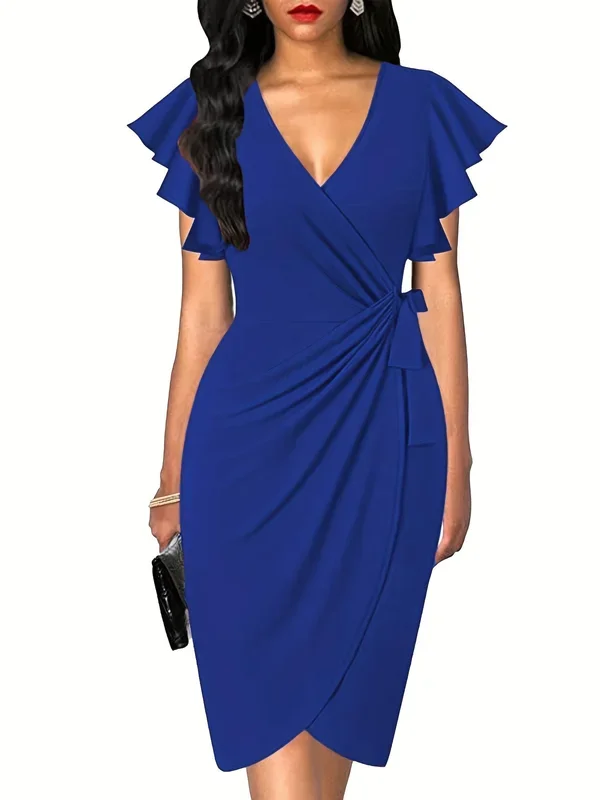 Women’s Deep V-Neck Ruffle Sleeve Cocktail Dress Wrap Formal Party Pencil Slit Bodycon Dresses, Bridesmaid Dress For Wedding Party Night Out Cocktail, Women’s Clothing