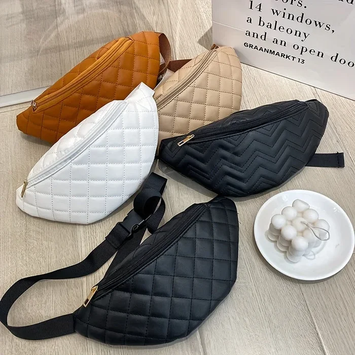 Women’s PU Leather Waist Bag Casual Versatile Waist Bag, New Lady’s Fanny Pack With Diamond Check Embroidery ,Zipper Casual Shoulder Bag 11*2.8*5.1 Inch