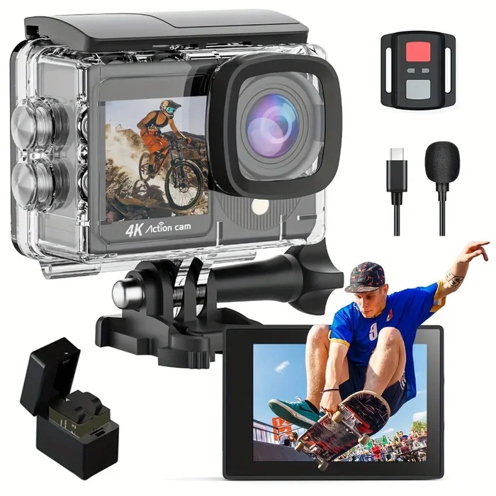 Yolansin 4K Action Camera Touch Screen – Dual Screen Ultra HD EIS WiFi Sports Camera, 1574.8inchUnderwater Camera 170° Wide Angle Video Camera 20MP Waterproof Helmet Camera With Remote Control And 2 Batteries